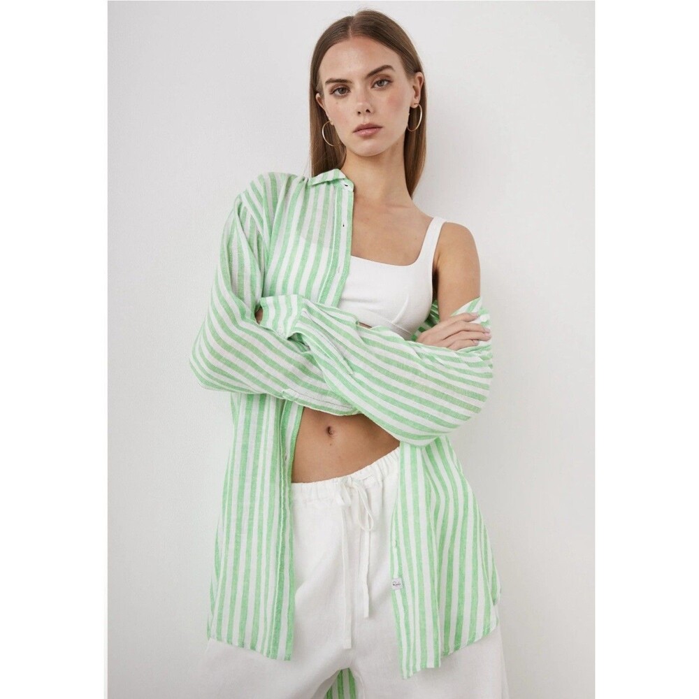 Rails Womens Oversized Linen Button Down Shirt Green Stripe Sz XS Beachy Coastal